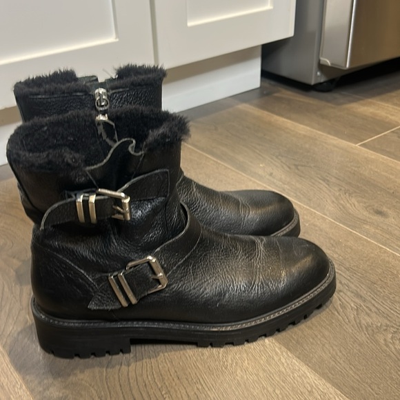 Zara Leather Biker Ankle Boot Black Moto Buckle Chunky Fur Lined Size 9 - Picture 16 of 16